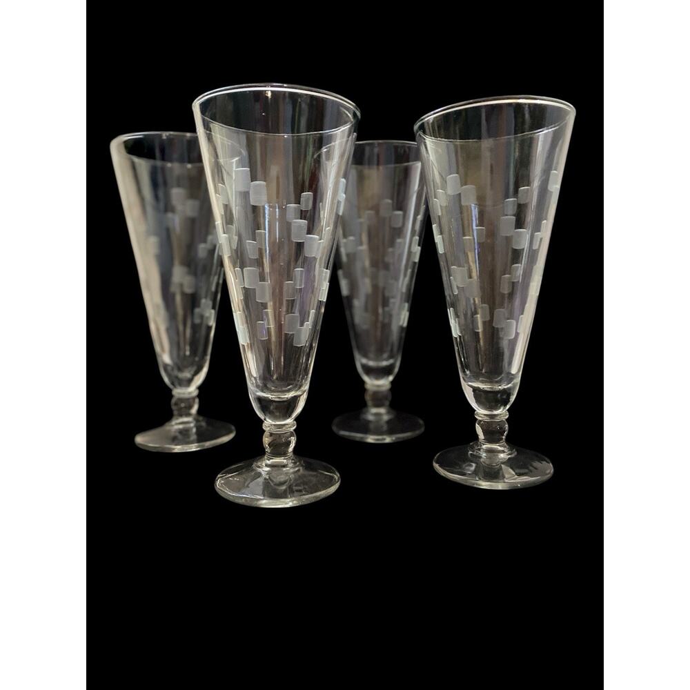 Set of Four Vintage Anchor Hocking Grey Etched CUBIST Pilsner Glasses 7 1/2” MCM